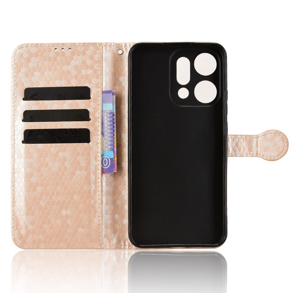For Oppo Reno14 5G (Global) Wallet Case Dot Pattern Imprint PU Leather Phone Cover with Wrist Strap - Rose Gold