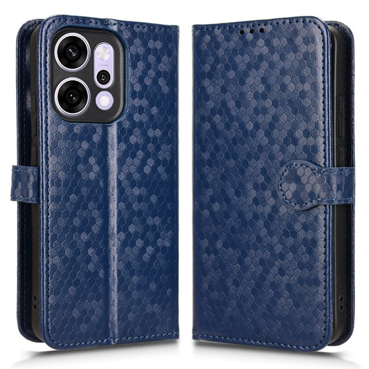 For Oppo Reno14 5G (Global) Wallet Case Dot Pattern Imprint PU Leather Phone Cover with Wrist Strap - Dark Blue
