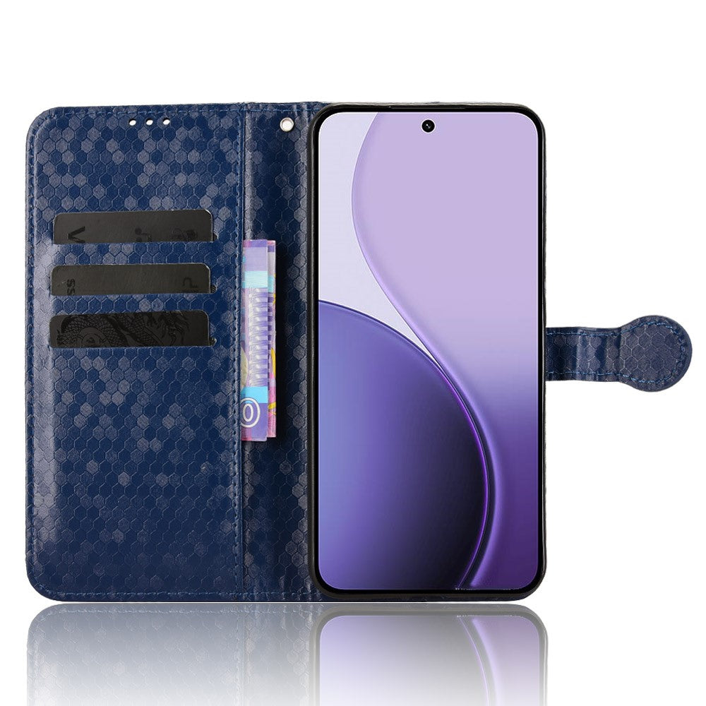For Oppo Reno14 5G (Global) Wallet Case Dot Pattern Imprint PU Leather Phone Cover with Wrist Strap - Dark Blue