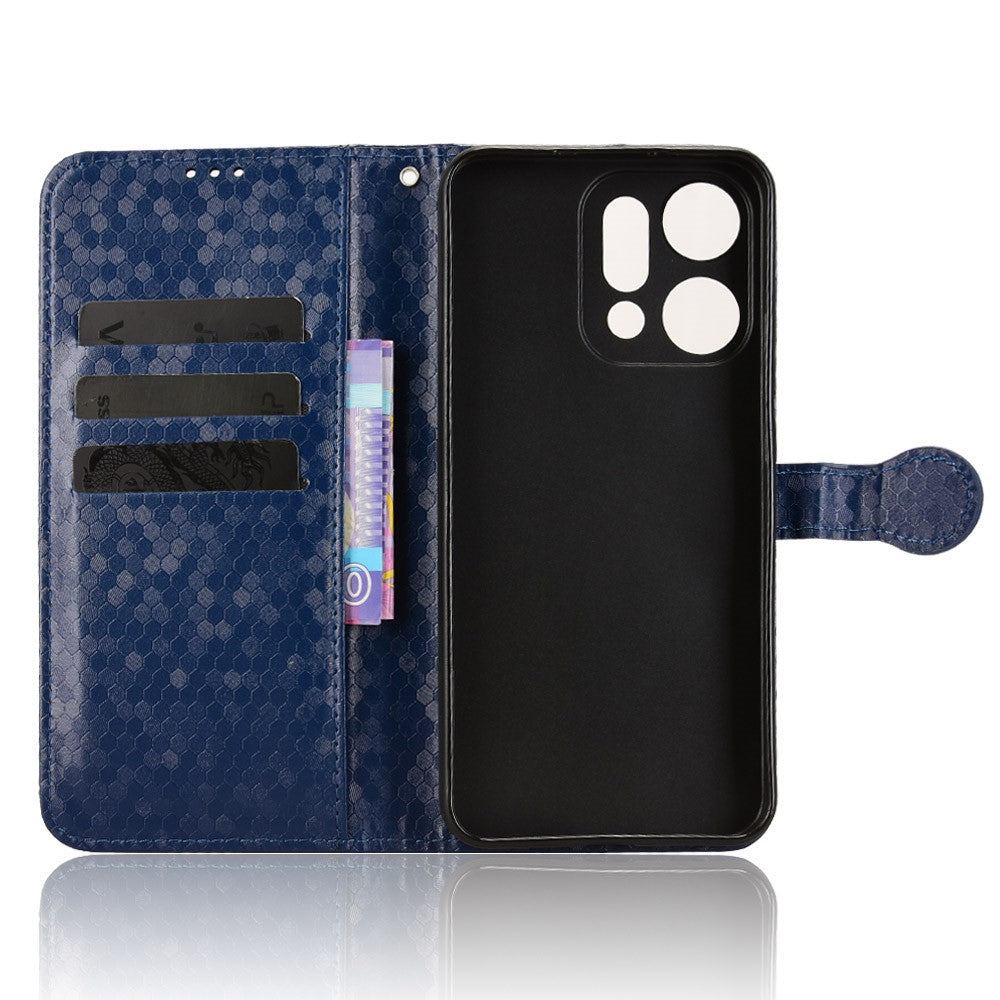 For Oppo Reno14 5G (Global) Wallet Case Dot Pattern Imprint PU Leather Phone Cover with Wrist Strap - Dark Blue