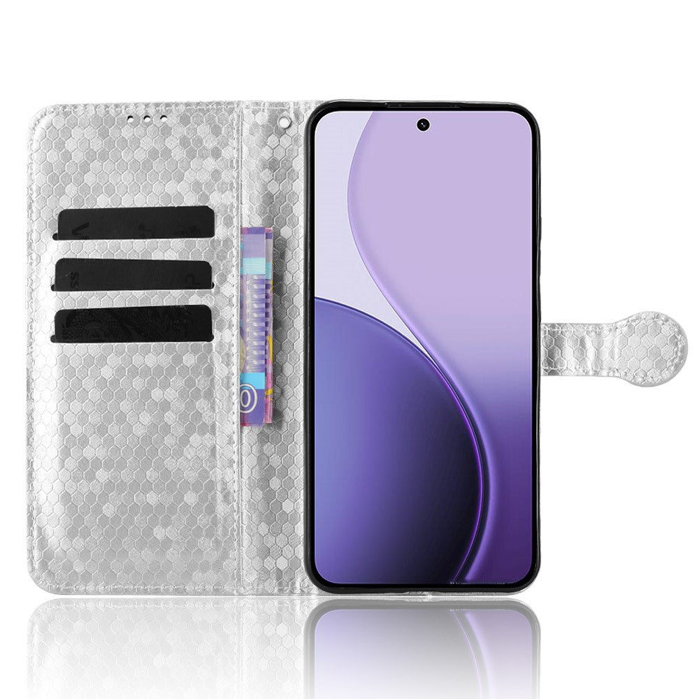 For Oppo Reno14 5G (Global) Wallet Case Dot Pattern Imprint PU Leather Phone Cover with Wrist Strap - Silver