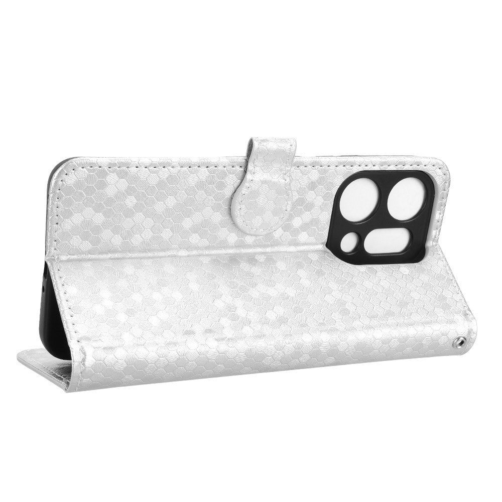 For Oppo Reno14 5G (Global) Wallet Case Dot Pattern Imprint PU Leather Phone Cover with Wrist Strap - Silver