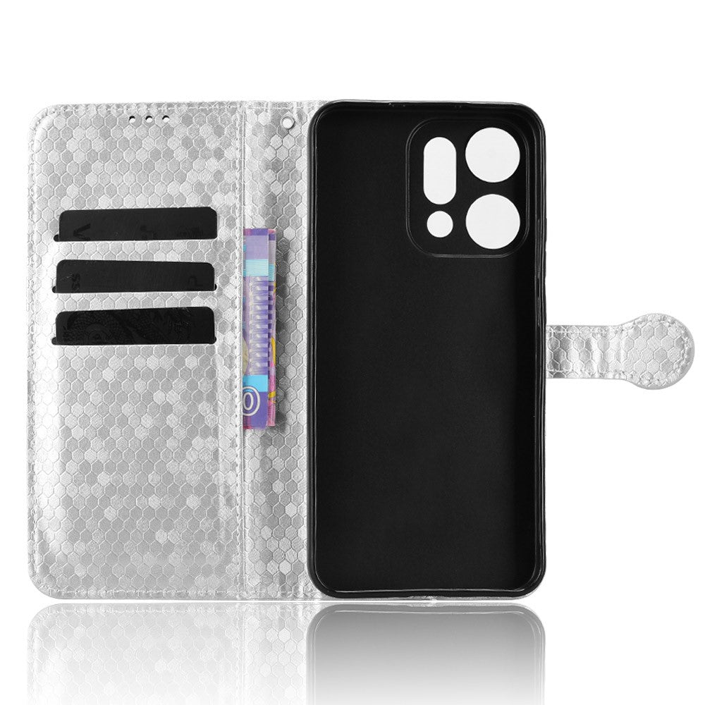 For Oppo Reno14 5G (Global) Wallet Case Dot Pattern Imprint PU Leather Phone Cover with Wrist Strap - Silver
