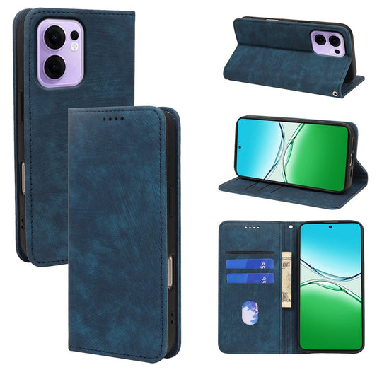 For Oppo Reno13 F 4G / 5G Case Strong Magnetic Leather Wallet Phone Cover with Striped Texture - Blue