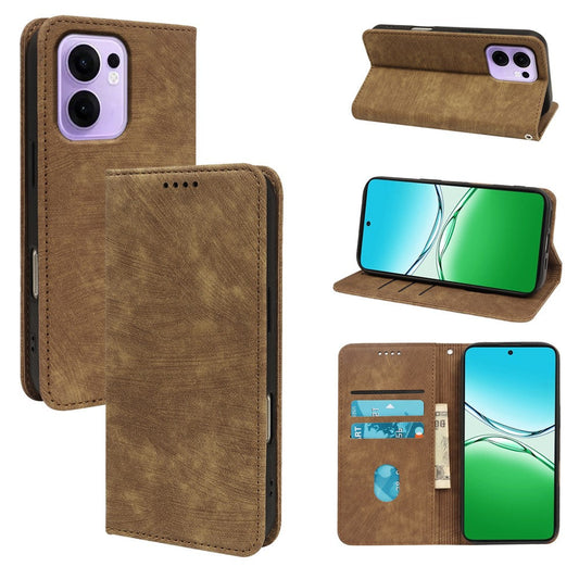 For Oppo Reno13 F 4G / 5G Case Strong Magnetic Leather Wallet Phone Cover with Striped Texture - Brown