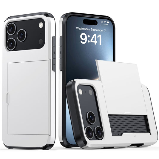 For iPhone 17 Pro Max Case Card Holder TPU + PC Phone Back Cover - White