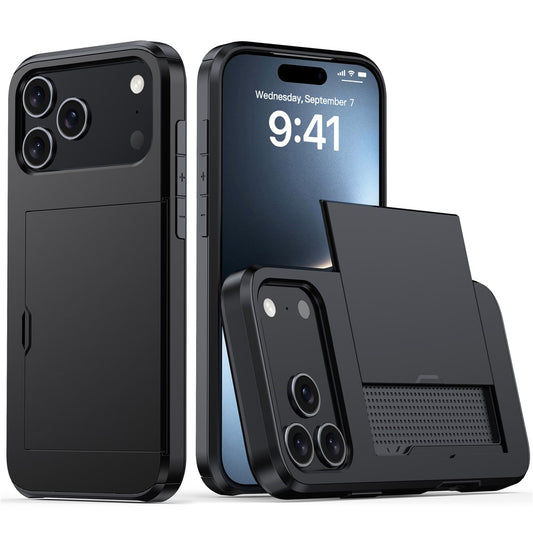 For iPhone 17 Pro Max Case Card Holder TPU + PC Phone Back Cover - Black