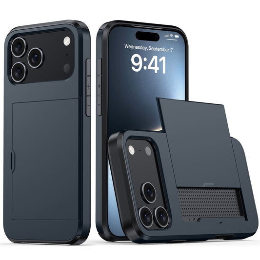 For iPhone 17 Pro Max Case Card Holder TPU + PC Phone Back Cover - Navy Blue