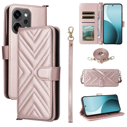 For Oppo Reno14 5G (Global) Case with Shoulder / Wrist Strap Leather Phone Cover Stand Wallet - Pink
