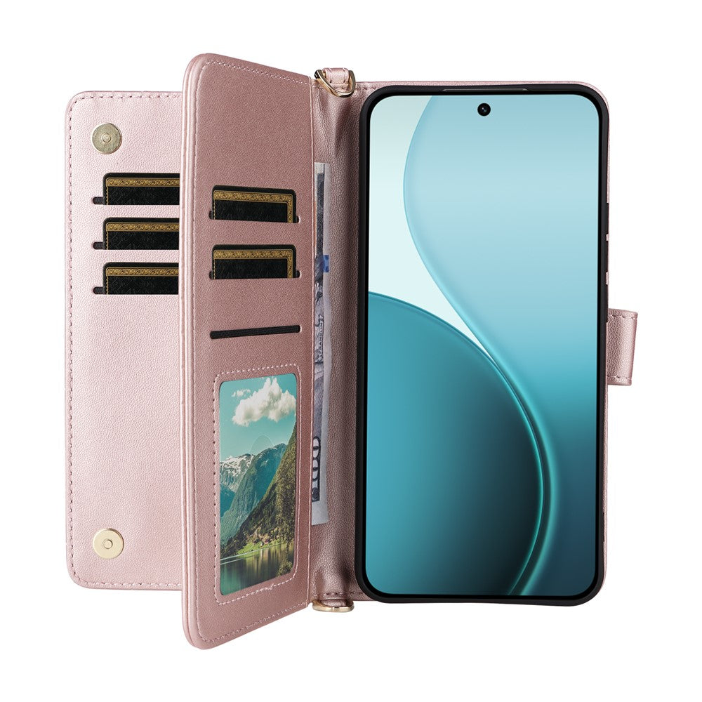 For Oppo Reno14 5G (Global) Case with Shoulder / Wrist Strap Leather Phone Cover Stand Wallet - Pink