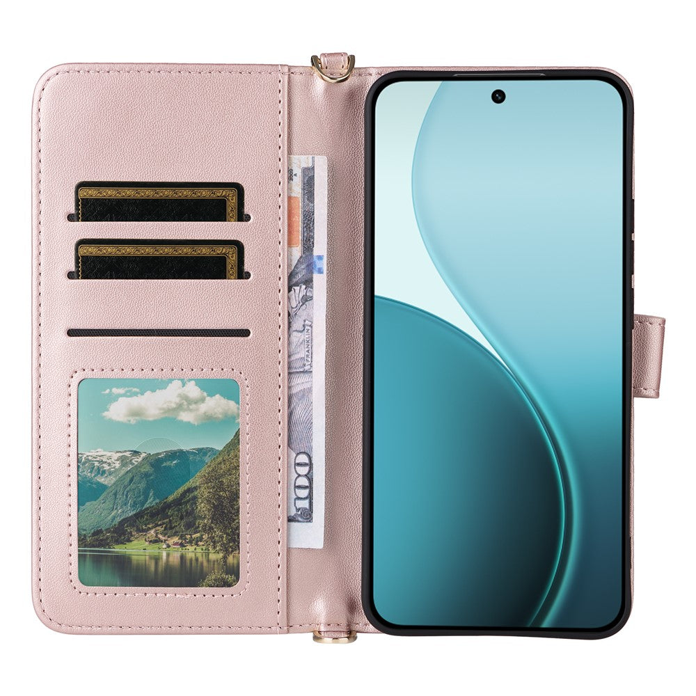 For Oppo Reno14 5G (Global) Case with Shoulder / Wrist Strap Leather Phone Cover Stand Wallet - Pink