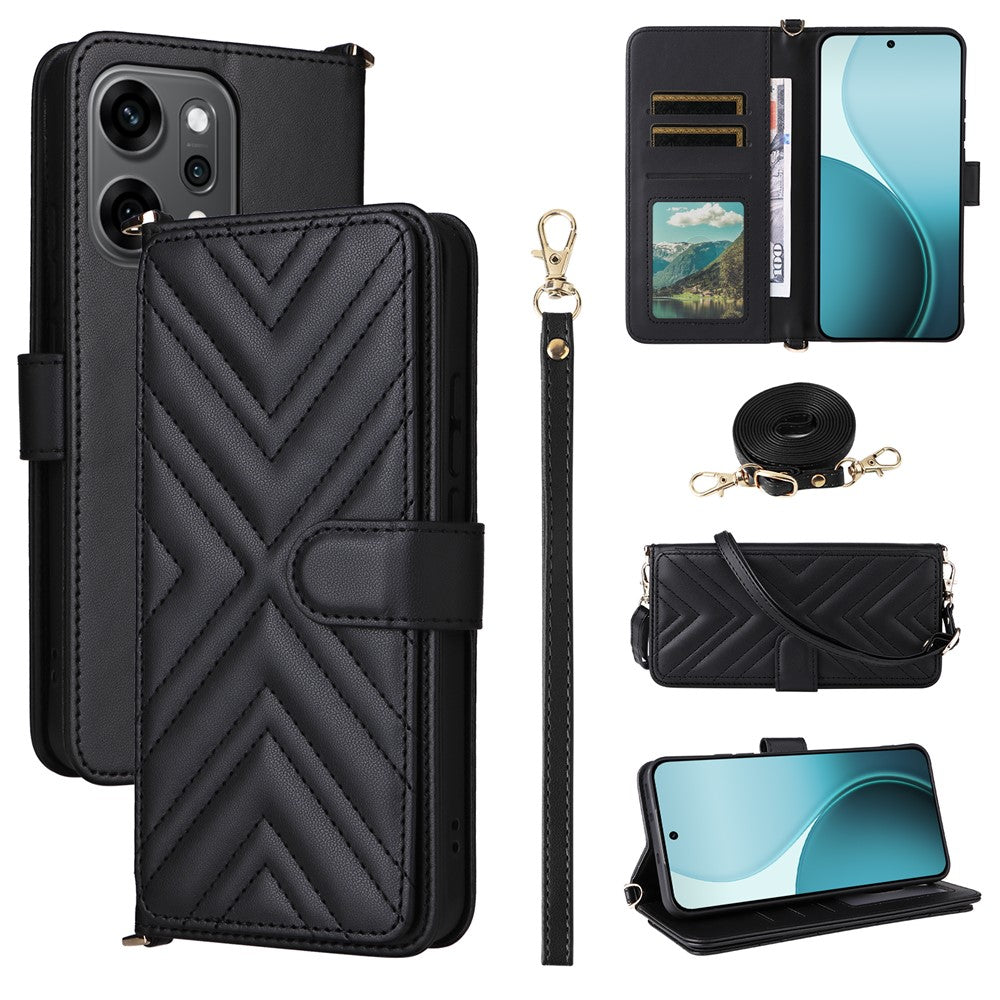 For Oppo Reno14 5G (Global) Case with Shoulder / Wrist Strap Leather Phone Cover Stand Wallet - Black