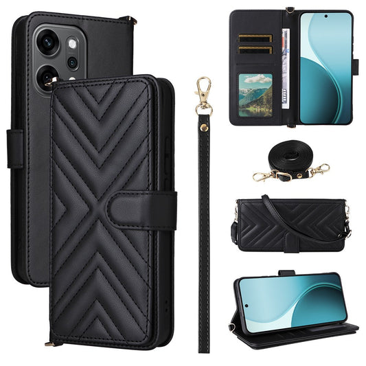 For Oppo Reno14 5G (Global) Case with Shoulder / Wrist Strap Leather Phone Cover Stand Wallet - Black