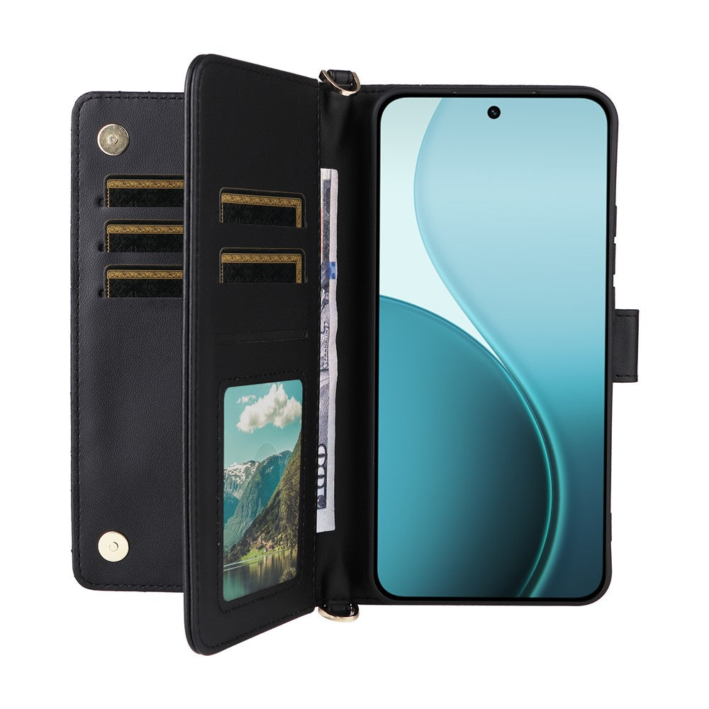 For Oppo Reno14 5G (Global) Case with Shoulder / Wrist Strap Leather Phone Cover Stand Wallet - Black