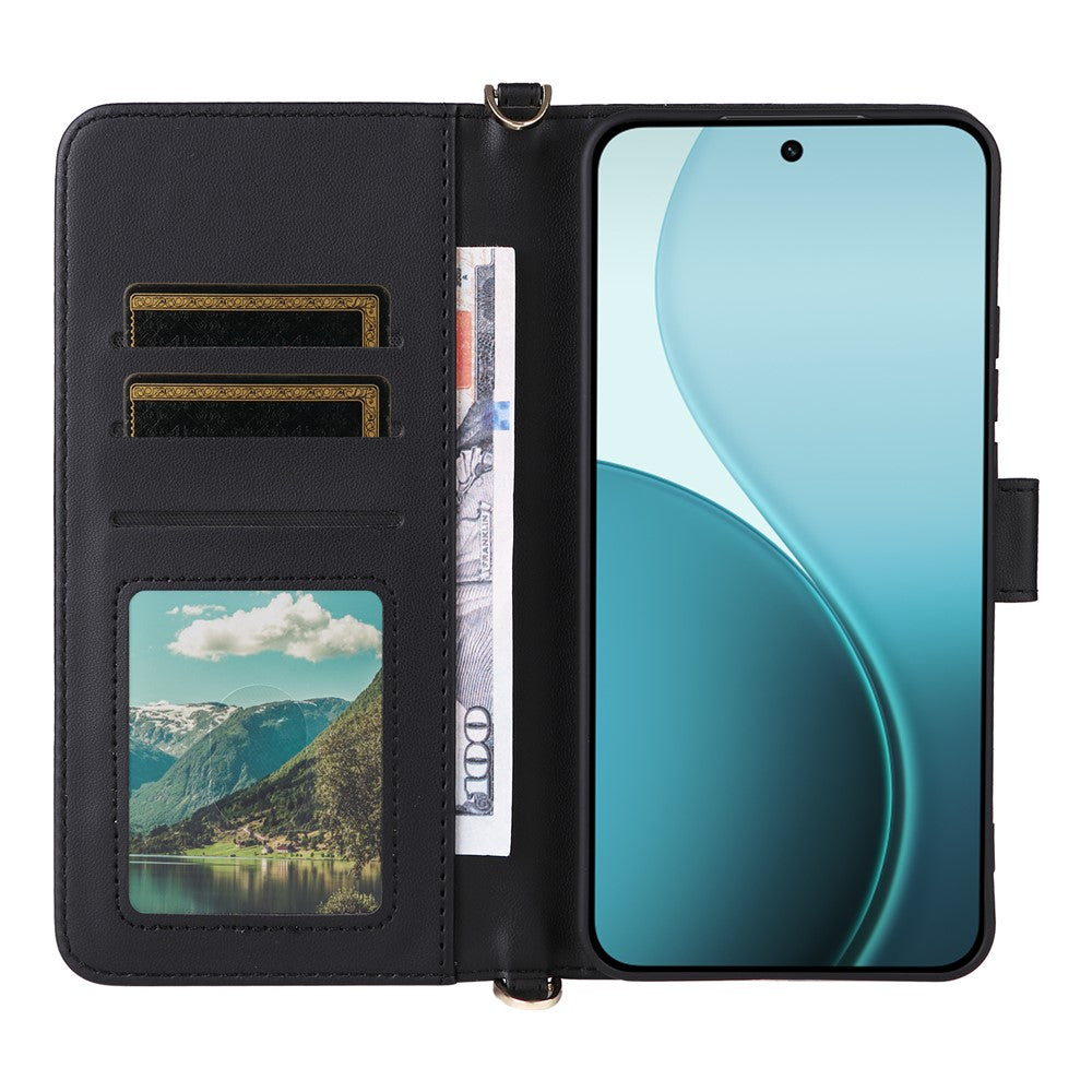 For Oppo Reno14 5G (Global) Case with Shoulder / Wrist Strap Leather Phone Cover Stand Wallet - Black