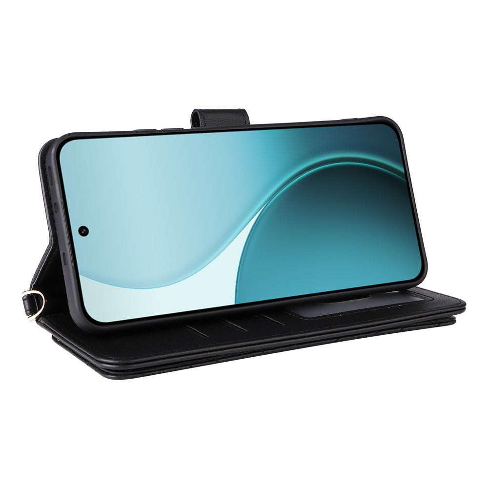 For Oppo Reno14 5G (Global) Case with Shoulder / Wrist Strap Leather Phone Cover Stand Wallet - Black