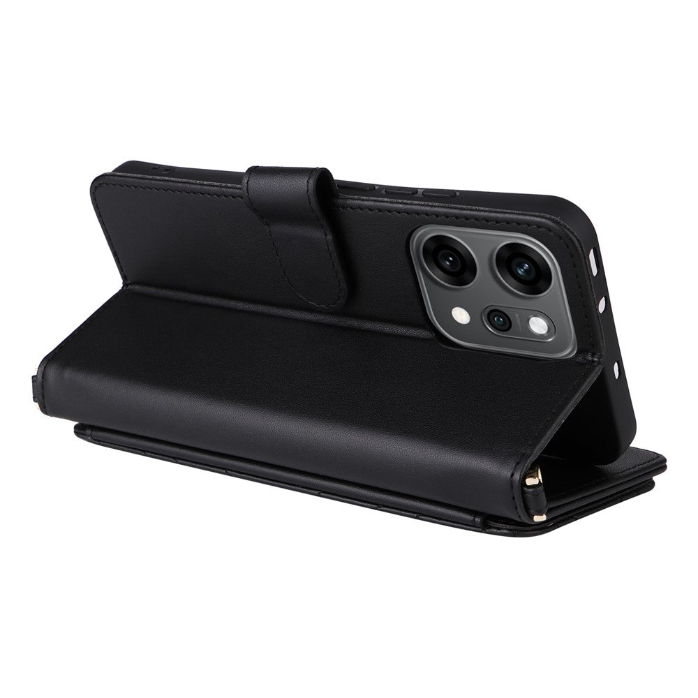 For Oppo Reno14 5G (Global) Case with Shoulder / Wrist Strap Leather Phone Cover Stand Wallet - Black
