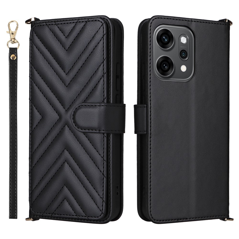 For Oppo Reno14 5G (Global) Case with Shoulder / Wrist Strap Leather Phone Cover Stand Wallet - Black