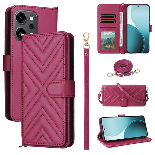For Oppo Reno14 5G (Global) Case with Shoulder / Wrist Strap Leather Phone Cover Stand Wallet - Rose