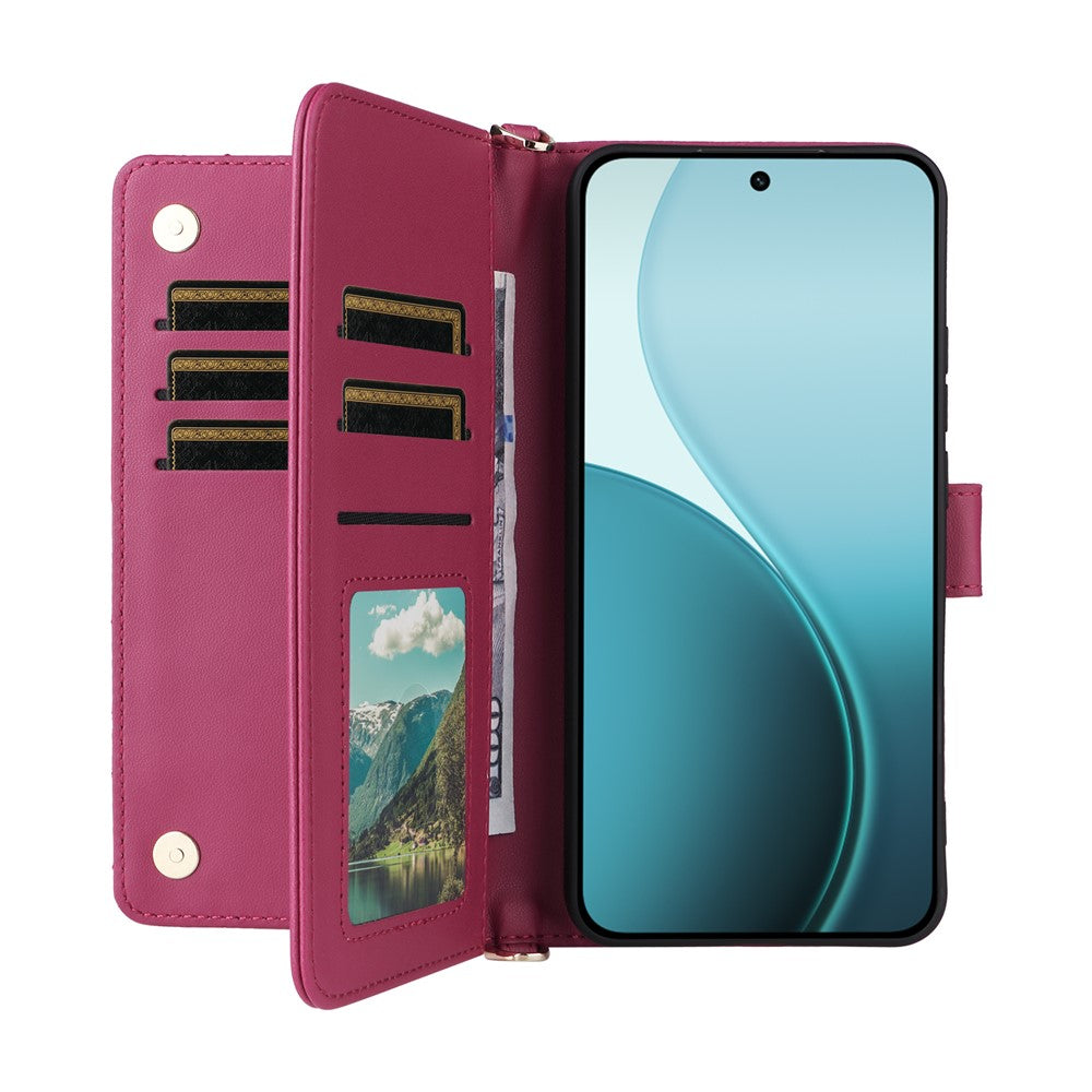 For Oppo Reno14 5G (Global) Case with Shoulder / Wrist Strap Leather Phone Cover Stand Wallet - Rose