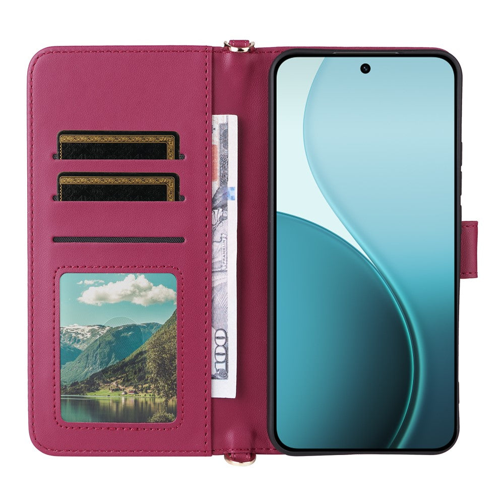 For Oppo Reno14 5G (Global) Case with Shoulder / Wrist Strap Leather Phone Cover Stand Wallet - Rose