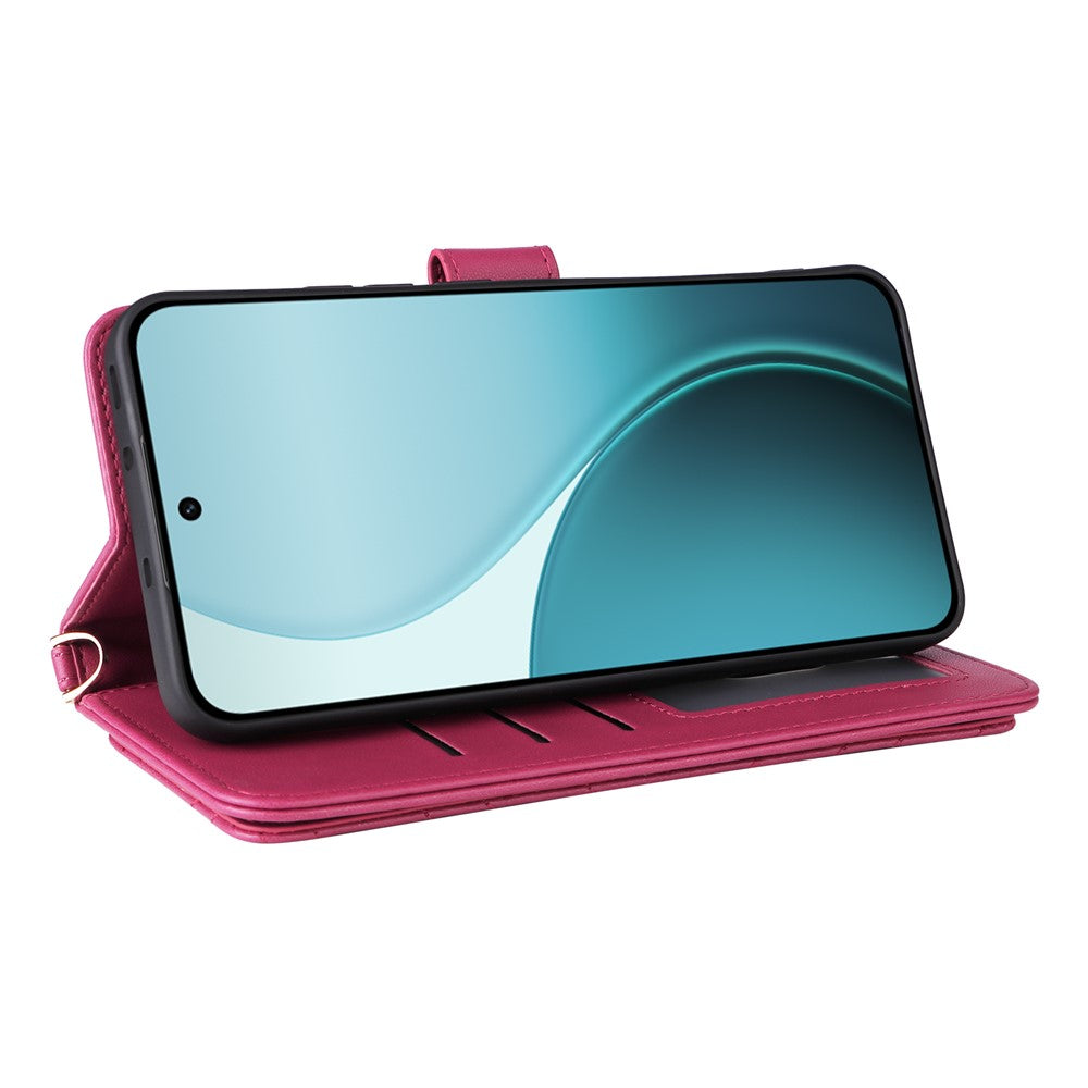 For Oppo Reno14 5G (Global) Case with Shoulder / Wrist Strap Leather Phone Cover Stand Wallet - Rose