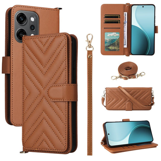 For Oppo Reno14 5G (Global) Case with Shoulder / Wrist Strap Leather Phone Cover Stand Wallet - Brown