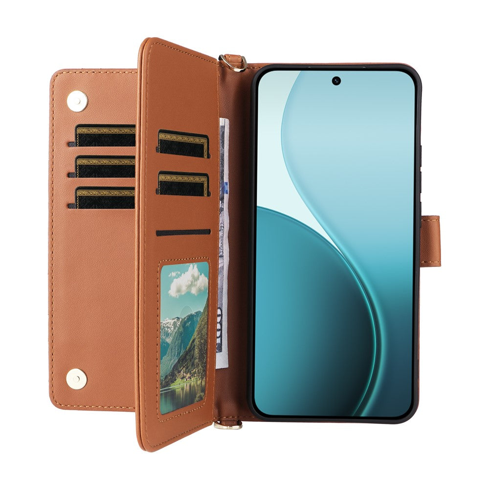 For Oppo Reno14 5G (Global) Case with Shoulder / Wrist Strap Leather Phone Cover Stand Wallet - Brown
