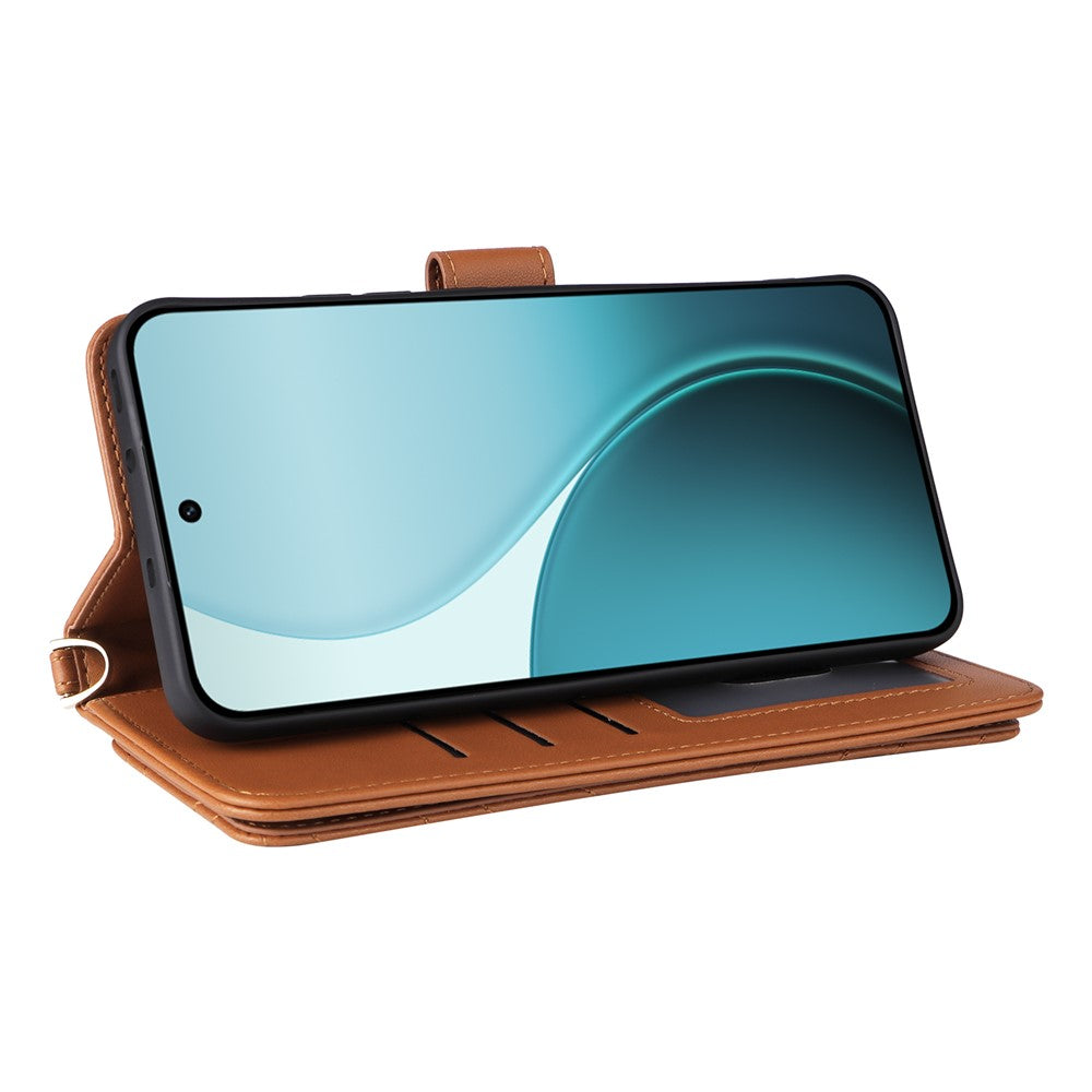 For Oppo Reno14 5G (Global) Case with Shoulder / Wrist Strap Leather Phone Cover Stand Wallet - Brown