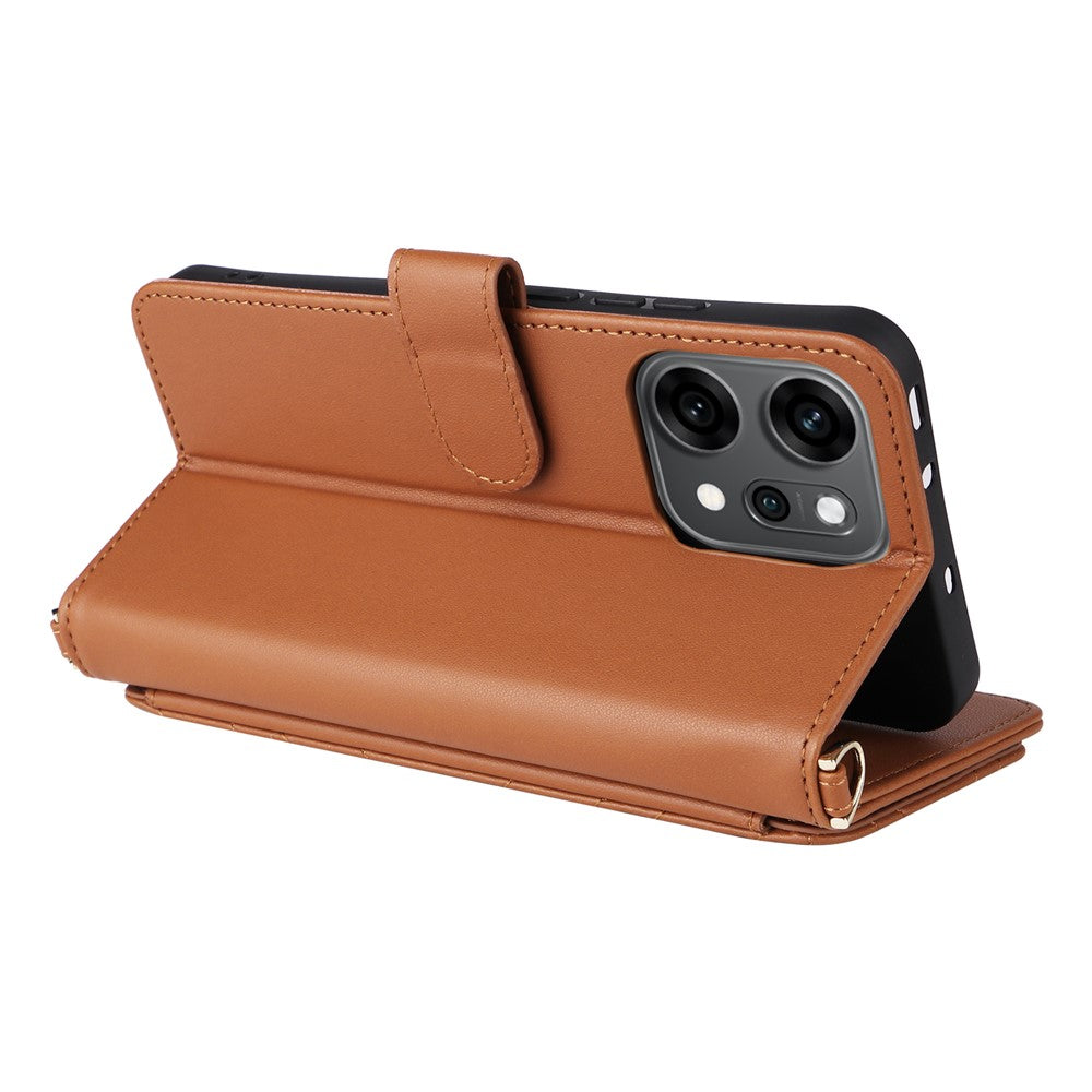 For Oppo Reno14 5G (Global) Case with Shoulder / Wrist Strap Leather Phone Cover Stand Wallet - Brown
