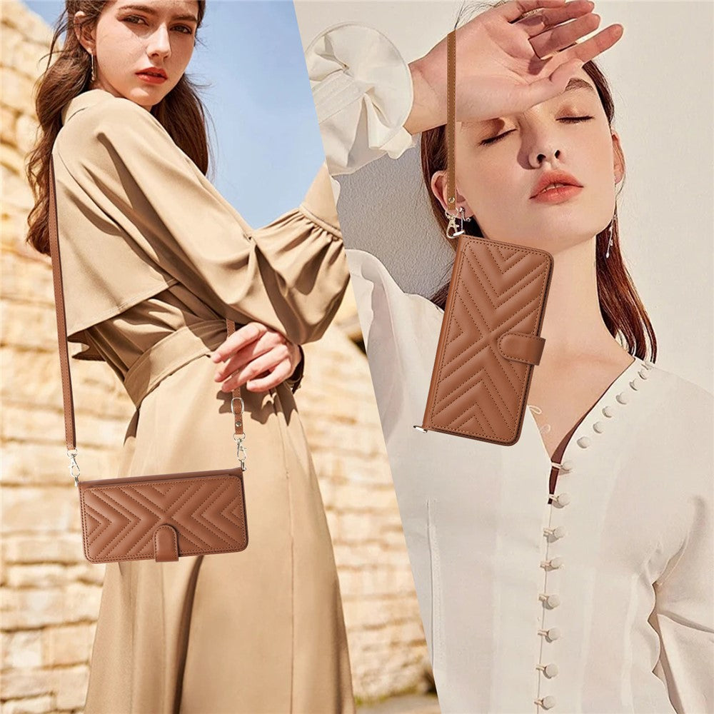 For Oppo Reno14 5G (Global) Case with Shoulder / Wrist Strap Leather Phone Cover Stand Wallet - Brown