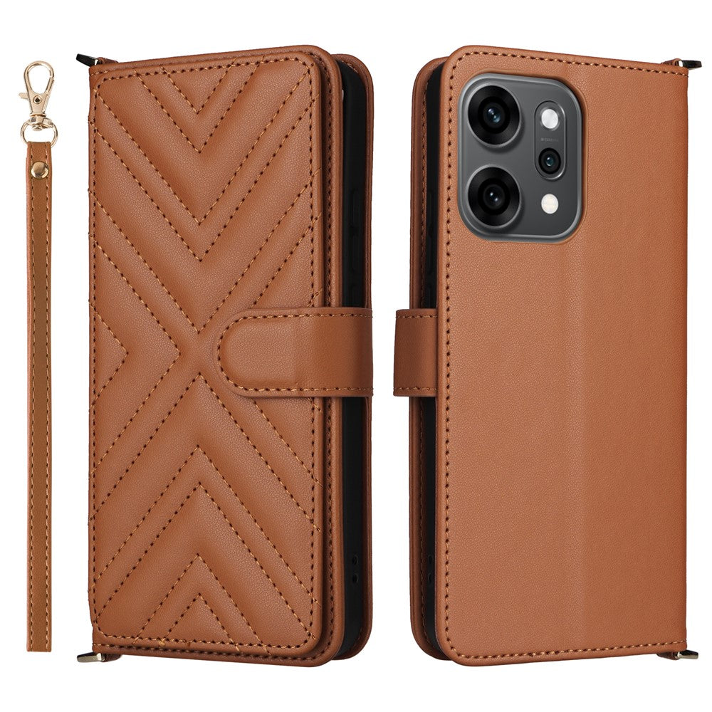 For Oppo Reno14 5G (Global) Case with Shoulder / Wrist Strap Leather Phone Cover Stand Wallet - Brown