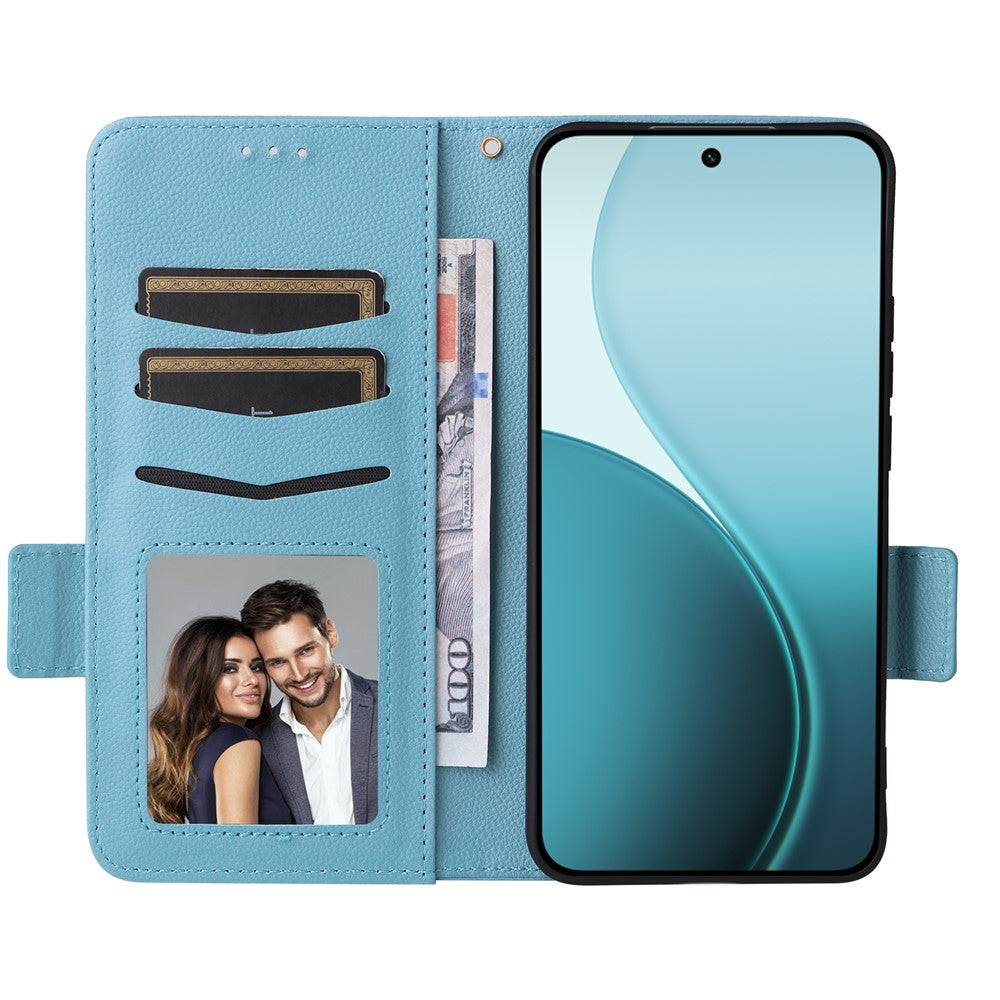 For Oppo Reno14 5G (Global) Case with Wrist Strap Litchi Texture PU Leather Wallet Phone Cover - Baby Blue