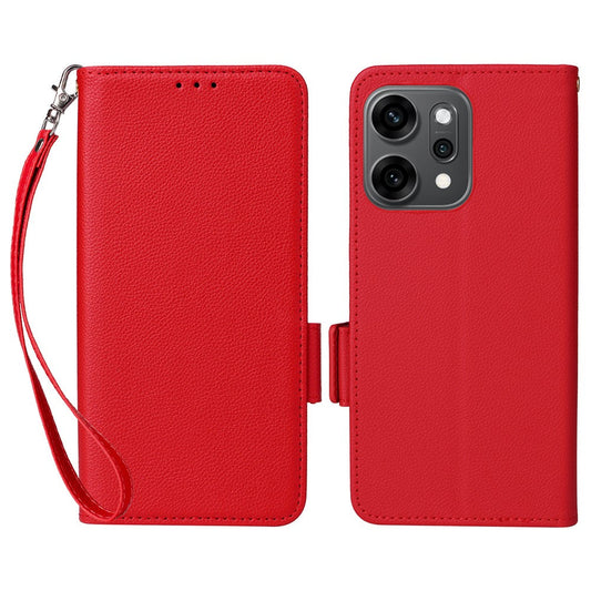 For Oppo Reno14 5G (Global) Case with Wrist Strap Litchi Texture PU Leather Wallet Phone Cover - Red