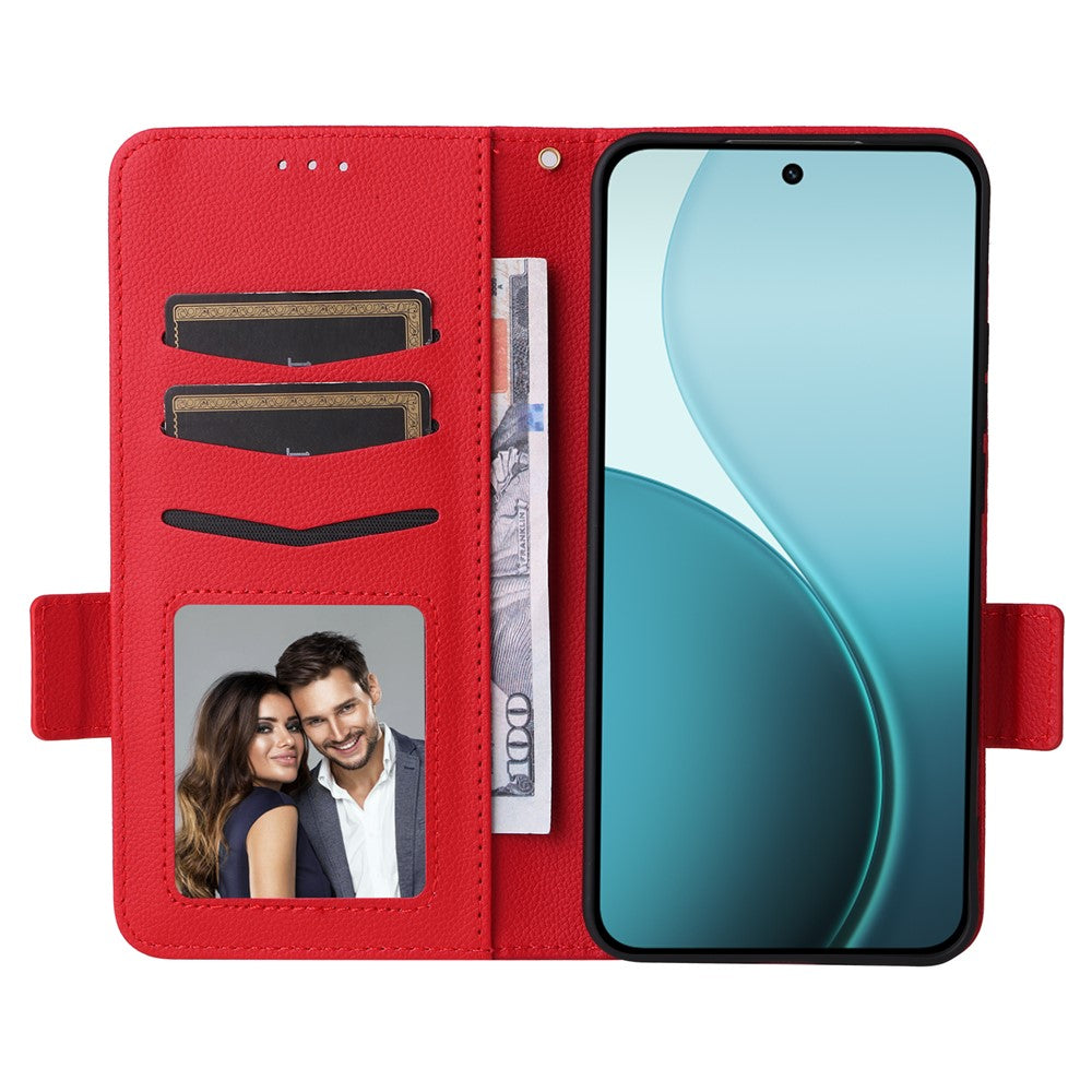 For Oppo Reno14 5G (Global) Case with Wrist Strap Litchi Texture PU Leather Wallet Phone Cover - Red