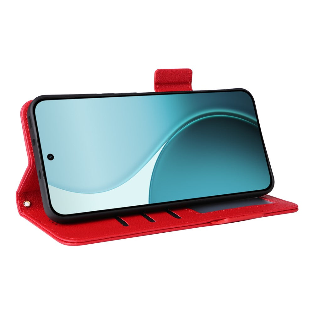 For Oppo Reno14 5G (Global) Case with Wrist Strap Litchi Texture PU Leather Wallet Phone Cover - Red