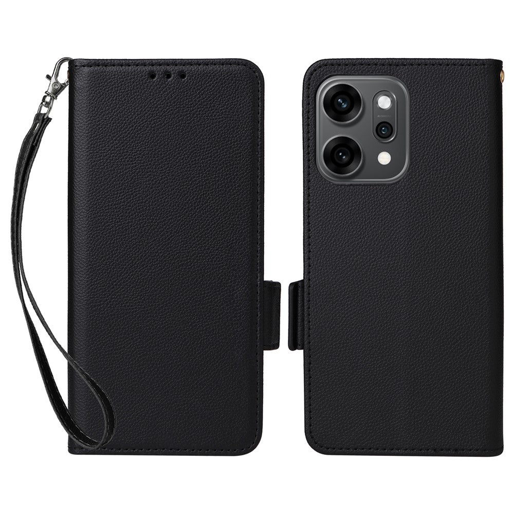 For Oppo Reno14 5G (Global) Case with Wrist Strap Litchi Texture PU Leather Wallet Phone Cover - Black
