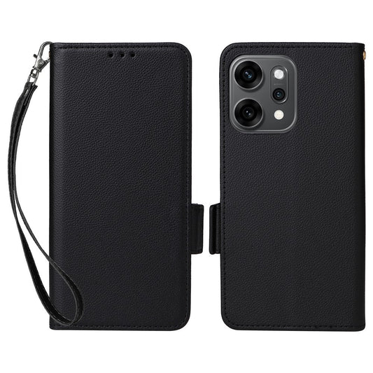 For Oppo Reno14 5G (Global) Case with Wrist Strap Litchi Texture PU Leather Wallet Phone Cover - Black
