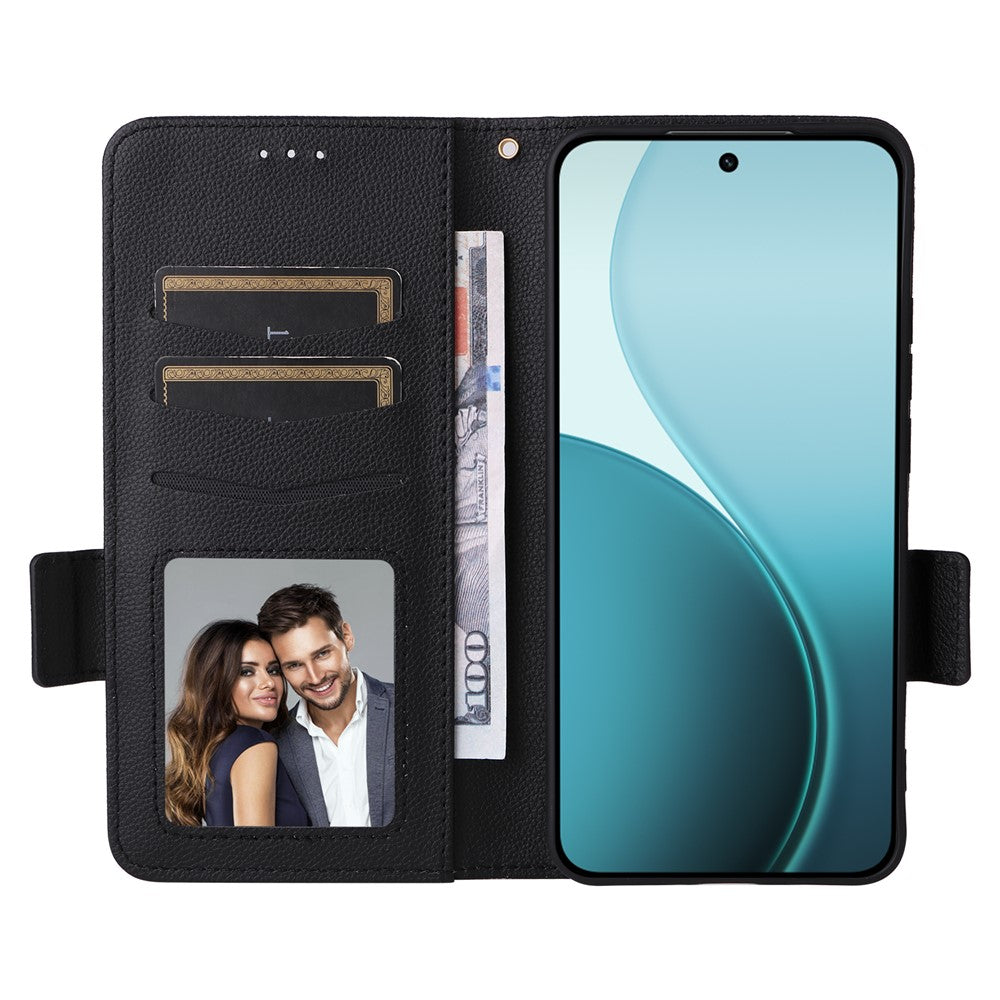 For Oppo Reno14 5G (Global) Case with Wrist Strap Litchi Texture PU Leather Wallet Phone Cover - Black
