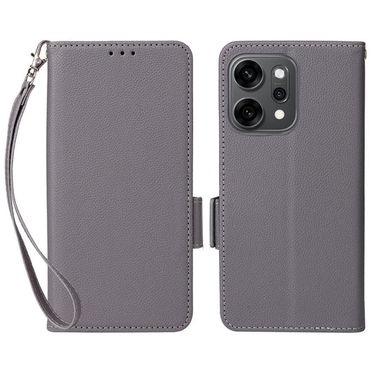 For Oppo Reno14 5G (Global) Case with Wrist Strap Litchi Texture PU Leather Wallet Phone Cover - Grey