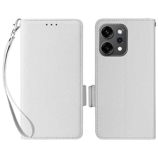 For Oppo Reno14 5G (Global) Case with Wrist Strap Litchi Texture PU Leather Wallet Phone Cover - White