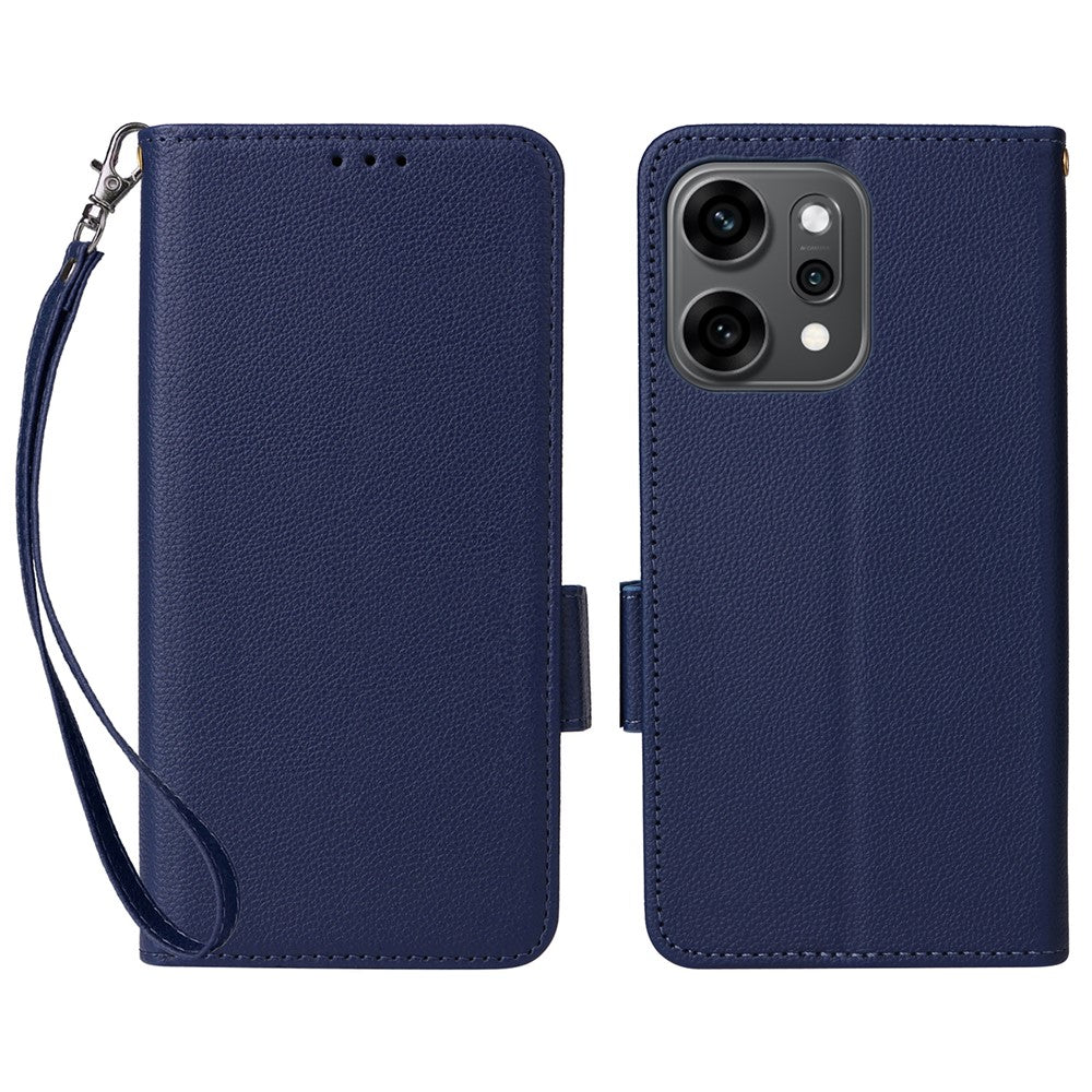 For Oppo Reno14 5G (Global) Case with Wrist Strap Litchi Texture PU Leather Wallet Phone Cover - Dark Blue