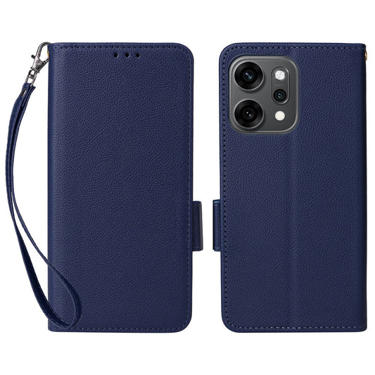 For Oppo Reno14 5G (Global) Case with Wrist Strap Litchi Texture PU Leather Wallet Phone Cover - Dark Blue