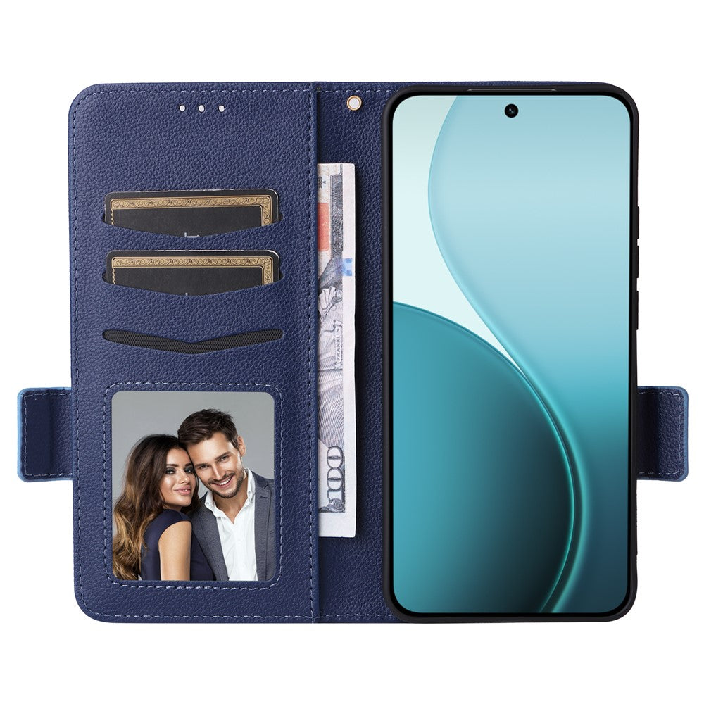 For Oppo Reno14 5G (Global) Case with Wrist Strap Litchi Texture PU Leather Wallet Phone Cover - Dark Blue