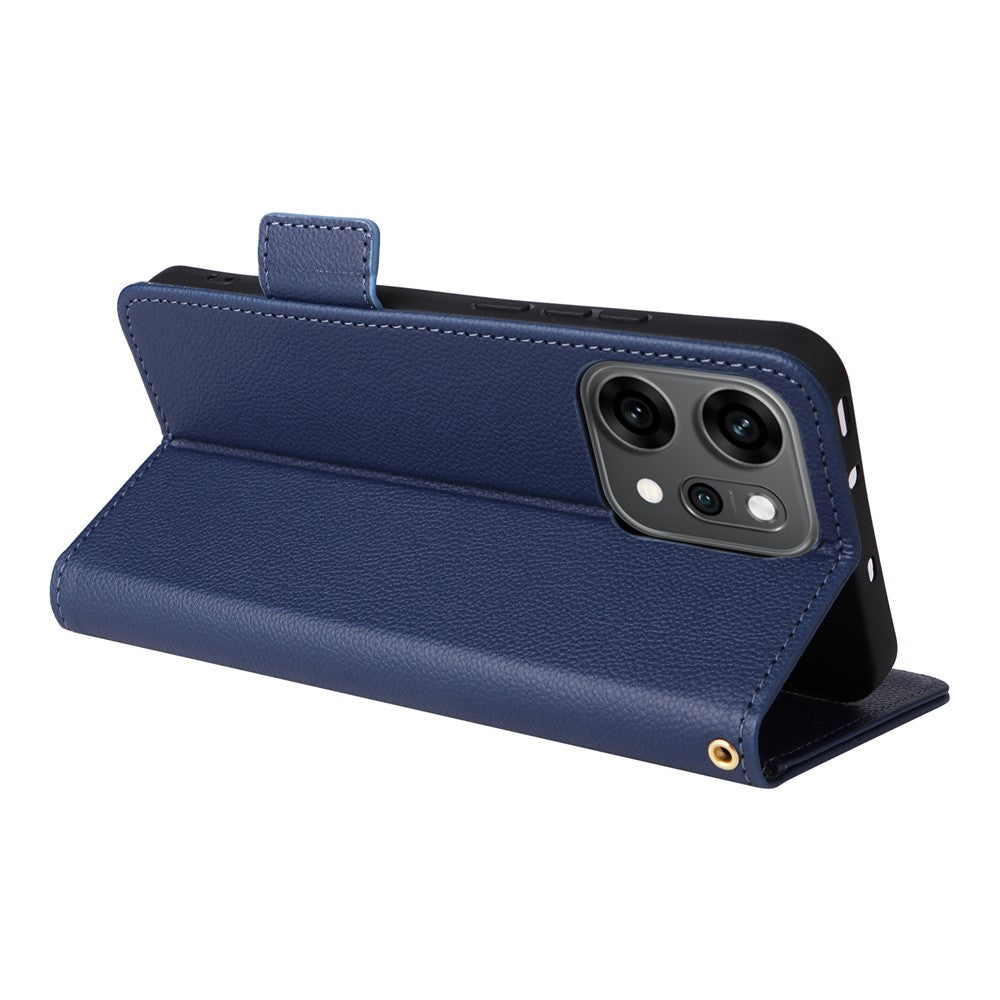 For Oppo Reno14 5G (Global) Case with Wrist Strap Litchi Texture PU Leather Wallet Phone Cover - Dark Blue