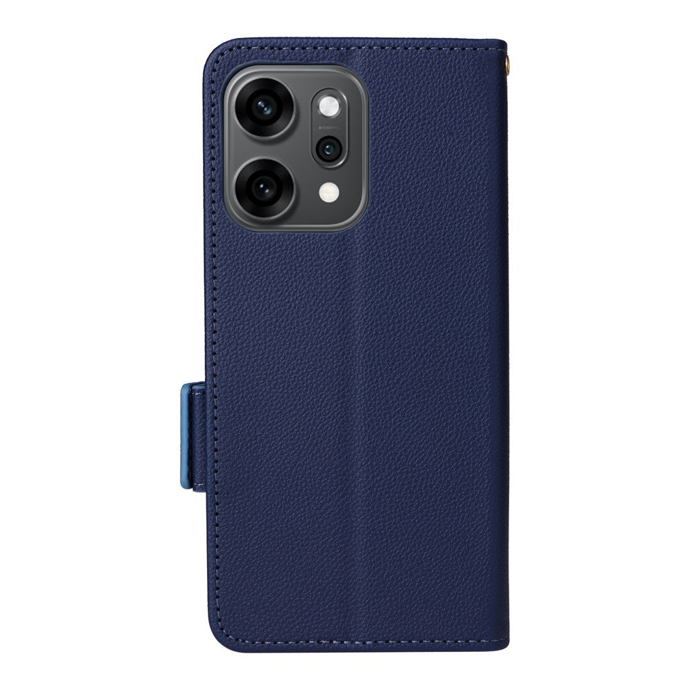 For Oppo Reno14 5G (Global) Case with Wrist Strap Litchi Texture PU Leather Wallet Phone Cover - Dark Blue