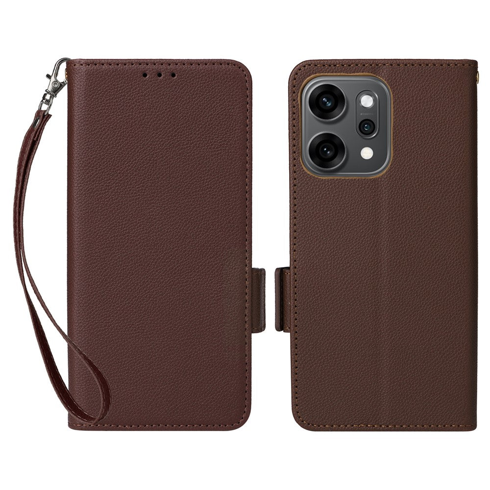 For Oppo Reno14 5G (Global) Case with Wrist Strap Litchi Texture PU Leather Wallet Phone Cover - Brown