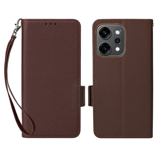 For Oppo Reno14 5G (Global) Case with Wrist Strap Litchi Texture PU Leather Wallet Phone Cover - Brown