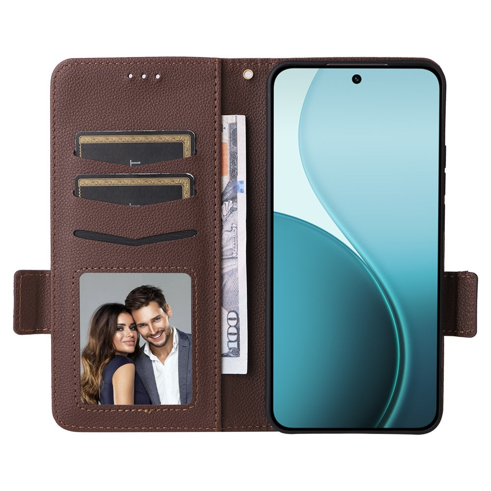 For Oppo Reno14 5G (Global) Case with Wrist Strap Litchi Texture PU Leather Wallet Phone Cover - Brown