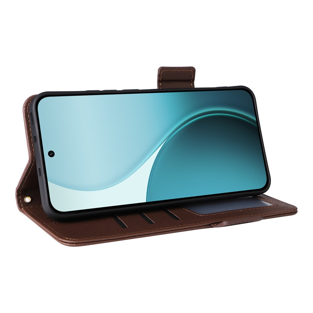 For Oppo Reno14 5G (Global) Case with Wrist Strap Litchi Texture PU Leather Wallet Phone Cover - Brown